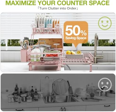 2-Tier Expandable Dish Drying Rack, Kitchen Counter Pink - Image 6