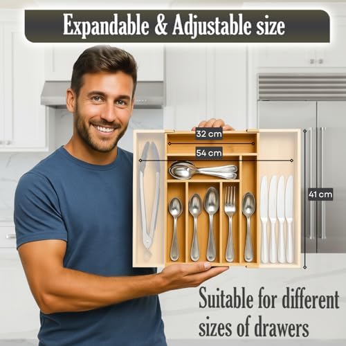 9-Slots Bamboo Drawer Organizers for Kitchen, Expandable Silverware Drawer Organizer, Multipurpose Utensil Organizer for Kitchen Drawers, Large Cutlery Drawer Organizer for Spoons, Forks & Knives - Image 3