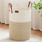 VIPOSCO 100L Tall Woven Rope Laundry Hamper, Leather Handles, White & Brown by VIPOSCO