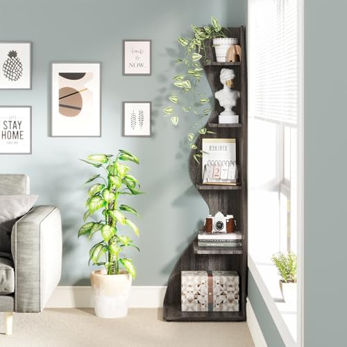 Tribesigns Corner Shelf, Modern 5-Tier Wall Corner Bookshelf, Stylish Corner Small Bookcase Storage Rack Plant Stand with Unique Shape for Living Room, Home Office(Gray, 2PCS) - Image 4