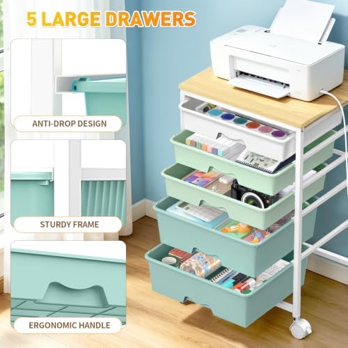 SUNALLY Rolling Carts With 5 Drawers, Storage Drawer Carts for Craft, Green - Image 5