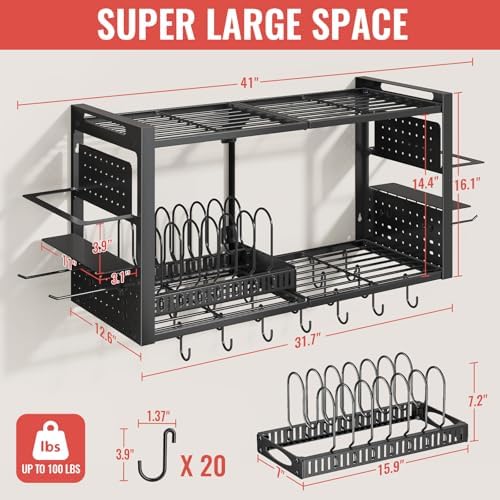 31 Inch Pot Rack Wall Mounted，3 in 1 Pots and Pans Organizer with 2 tier Kitchen Racks & Pot Lid Organizer Holder and 20 Hooks,Heavy Duty Hanging Pot Hanger for Kitchen Cookware, Utensils, Black - Image 2