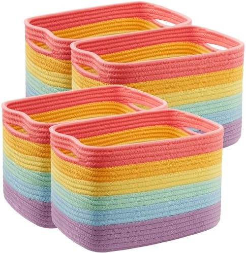 Rainbow Rope Basket for Storage 4 Pack Kids Baskets for Shelves by MOJOSCEND