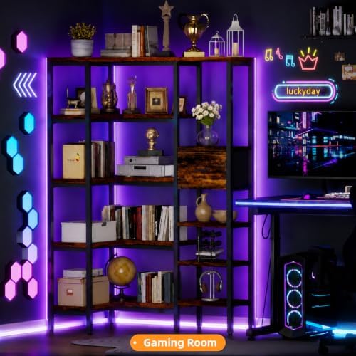 YOSHOOT L-Shaped Corner Bookshelf with LED Light Strips & Fabric Drawer, 5-Tier Industrial Convertible Book Shelf Freestanding Display Shelf for Living Room, Home Office, Bedroom (Rustic) - Image 6