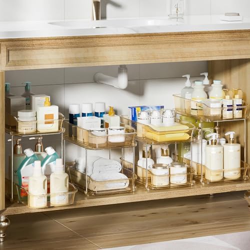 Delamu 2-Tier Under Sink Organizers and Storage, Multi-Purpose Stackable Bathroom Cabinet organizers, Pull Out Kitchen Pantry Organization and Storage with Dividers(4 Pack, Amber) - Image 2