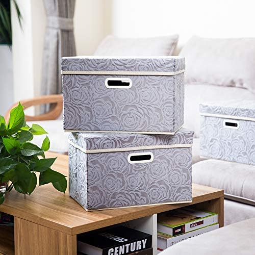PRANDOM Collapsible Storage Cubes with Lids Fabric Decorative Storage Bins Boxes Organizer Containers Baskets with Cover Handles for Bedroom Closet Living Room 14.9x9.8x9.8 Inch 3 Pack - Image 2