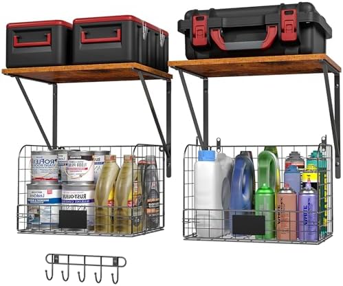 ThreeHio 2 Pack Garage Shelves Wall Mounted with Wire Storage Baskets, Heavy Duty Garage Wall Shelving with Hooks, Wooden Floating Shelves Tool Organizer for Home Garden Garage Organizers and Storage by ThreeHio