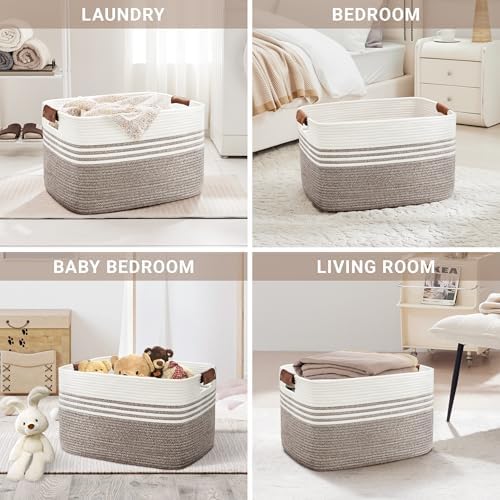 86L Woven Laundry Basket Hamper with Leather Handles,Dark Brown - Image 4