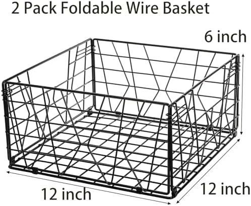 TOPZEA 2 Pack Black Metal Food Storage Basket for Pantry Organization, Foldable Wire Cabinet Organizers with Handle, Canned Goods Snack Baskets Freezer Bins for Organizing Kitchen, Bathroom, Garage - Image 2