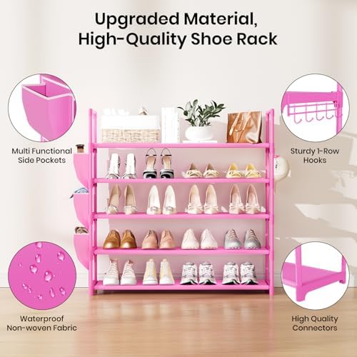 VILICK Shoe Rack for Closet Shoe Organizer Space Saver Storage for 20-25 Pair Shoe Shelf with Hook and Side Pocket Free Standing 5 Tier Shoe Rack Organizer for Entryway,Small Spaces, Pink - Image 4