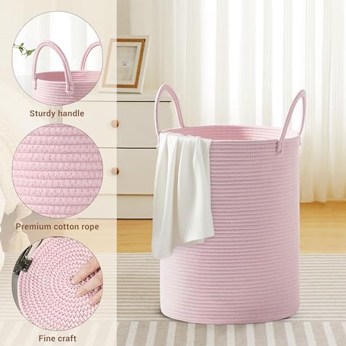 58L Tall Cotton Rope Laundry Basket with Handles, Pink - Image 3