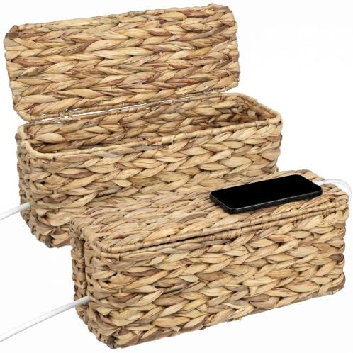 2 Pack Handwoven Cable Management Box with Lid, Decorative Cord Organizer for Power Strips, Chargers, TV Wires, Desk, Home & Office Storage, Natural Water Hyacinth by Kultilanda