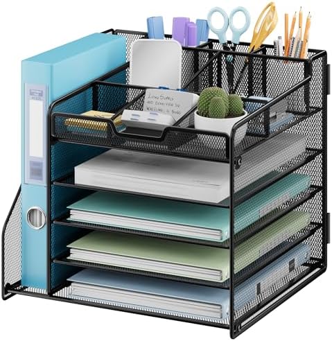 Lavatino Desk Organizer, 5-Tier Metal Mesh Paper Letter Tray with 1 File Holders & 7 Flexible Dividers for Office or Home Desk Organizers and Accessories, Keep Workspace Supplies Neat, Black by Lavatino