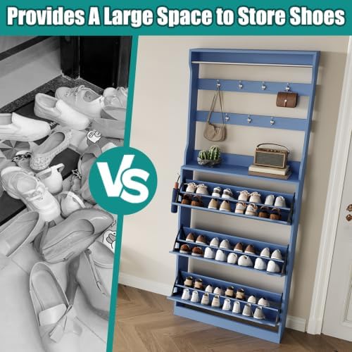 Shoe Cabinet for Entryway with 3 Flip Drawers, Blue Tall Shoe Storage Cabinet with Coat Rack, Wood Narrow Slim Hidden Freestanding Shoe Rack Organizer, 2 in 1 Hall Tree for Living Room, Hallway - Image 6
