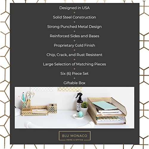 BLU MONACO | Gold Desk Organizer Set for Women 6 Piece | Mail Sorter Organizer Countertop with Letter Sorter for Desk | Steel Desktop Organizer with Mesh Pen Holders - Image 3