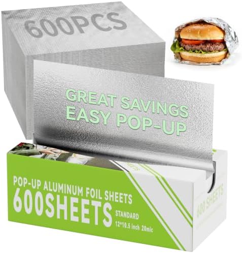 600 Count Pre-Cut Aluminum Foil Sheets, 12" x 10.5" Inch Pre Cut Aluminum Foil sheets for Restaurant Use, Disposable Foil Sheets for Food, Hot Dogs, and Sandwiches by SZZJKJ