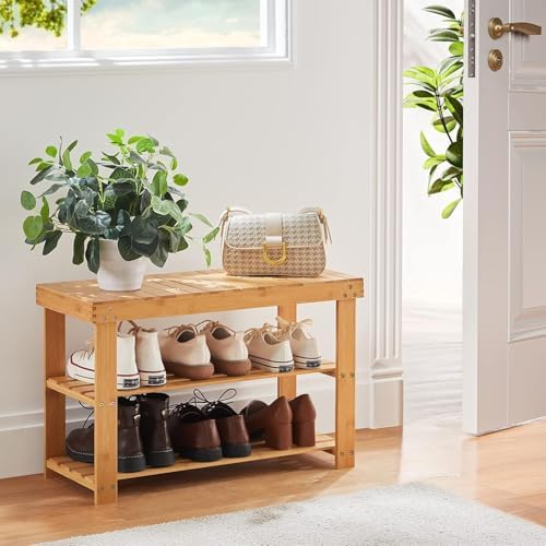 Pipishell 3 Tier Bamboo Shoe Rack Bench for Entryway, Natural - Image 2