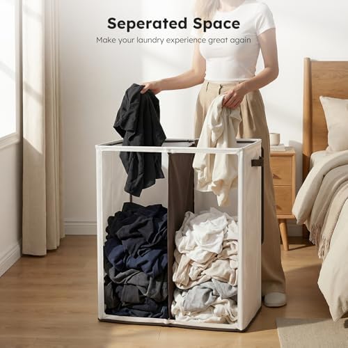 SOLEDI Luxury Double Laundry Hamper with Lid and Removable Bags, 38.3 Gal Large Laundry Bin, Laundry Basket 2 Sections, Collapsible Clothes Hamper for Bedroom, Laundry Room, Bathroom, Off-white - Image 4