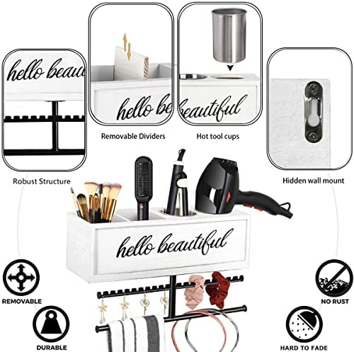 Rustic Hair Dryer Holder Wall Mounted,Hair Styling Tools & Accessories Organizer,Bathroom Supplies & hot Tools vanities Organizer Caddy,for Storage Flat Iron,Blow Dryer,Curling Iron (White) - Image 4