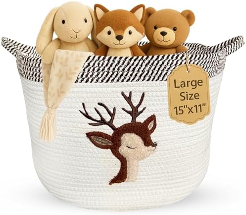 Deer Baby Storage Basket, Woven Cotton Rope Nursery Bin, 15x11 in by KeminaBlankets