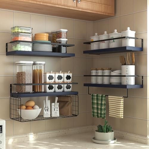 Wood Floating Shelves Wall Mounted - 4+1 Tier Rustic Bathroom Wall Shelves Over Toilet with Wire Storage Basket and Towel Bar, set of 4 Farmhouse Floating Shelf for Bathroom, Kitchen,Navy Blue. - Image 4