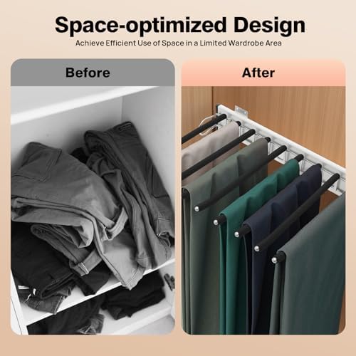 9 Arms Steel Slide Out Pants Rack Closet Pants Hanger Bar Pull Out Trousers Rack Tie Belts Scarf Racks, Wardrobe Clothes Organizers Rail Pull Out Closet Storage Rod-(Left Side Mounts) - Image 3