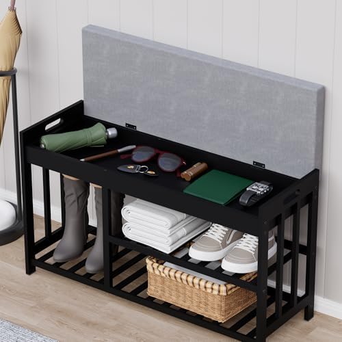 Bamboo Shoe Storage Bench with Cushioned Seat 3-Tier Entryway Shoe Rack - Image 3