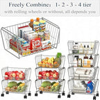 PUSDON 4-Tier Large Stackable Wire Storage Baskets with Wheels, Metal Rolling Utility Cart Organizer, Fruit and Vegetable Produce Basket for Kitchen Pantry, Bathroom Floor Shelf, Silver Grey - Image 5