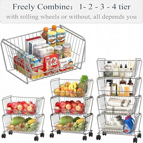 PUSDON 4-Tier Large Stackable Wire Storage Baskets with Wheels, Metal Rolling Utility Cart Organizer, Fruit and Vegetable Produce Basket for Kitchen Pantry, Bathroom Floor Shelf, Silver Grey - Image 5