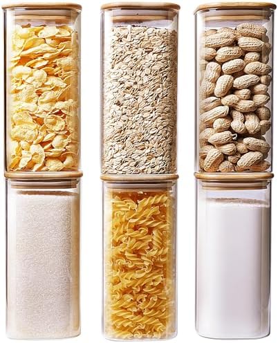 HomArtist Square Glass Jars with Bamboo Lids 30 FL OZ [Set of 6], Glass Canisters with Airtight Lid, Glass Food Storage Container for Pasta, Flour, Sugar, Rice, Best for Kitchen & Pantry by HomArtist