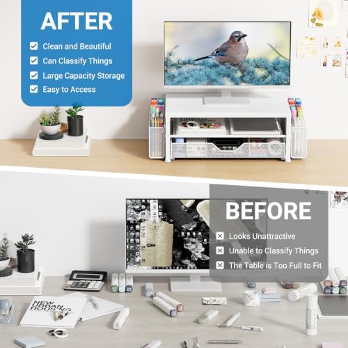 OPNICE Desk Organizers and Accessories, Computer Monitor Stand Riser with Drawer and 2 Pen Holders, Printer & Laptop Stand, Office Desk Accessories & Workspace Organizers for Home Office Supplies, Metal White - Image 2