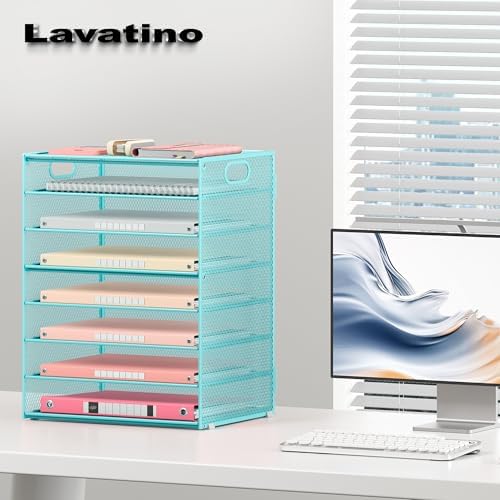 Lavatino 8-Tier Office Desk File Organizer, Letter Tray Paper Organizer with Handle, Including 5 Adjustable Slide Trays for Organizing Desktop Workspace Accessories and Supplies (Blue Metal Mesh) - Image 7