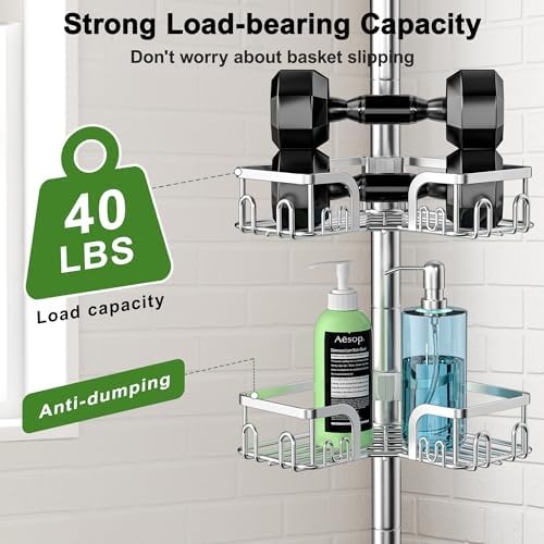 Corner Shower Caddy Tension Pole 4 Tier Adjustable Stainless Steel Shower Shelf for Inside Shower Bathtub Shampoo,Standing Bathroom Organizer Shelves with 26 to 120 inch Height - Image 4