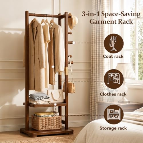 Taitiy Coat Rack Solid Wood Hall Tree Storage 2 Shelves 5 Hooks - Image 3
