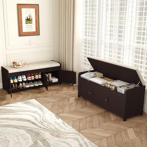 HOMEFORT 41.3" Shoe Bench with Lift Top Storage, Entryway Bench with Cushioned Seat, Wooden End of Bed Bench, Shoe Cabinet Bench with Hidden Storage Space, for Bedroom, Hallway,Espresso - Image 2