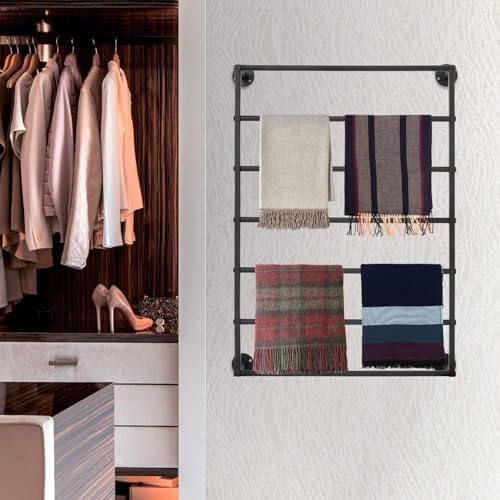 7 Tier Wall Mounted Tie Rack Scarf Display Stand Belt Pants Hangers Scarves Hijab Stand, Towel Rack Ribbon Holder,Wrapping Paper Spool Storage for Retail,Store (Black, 7 Tier 23.6x33in) - Image 2