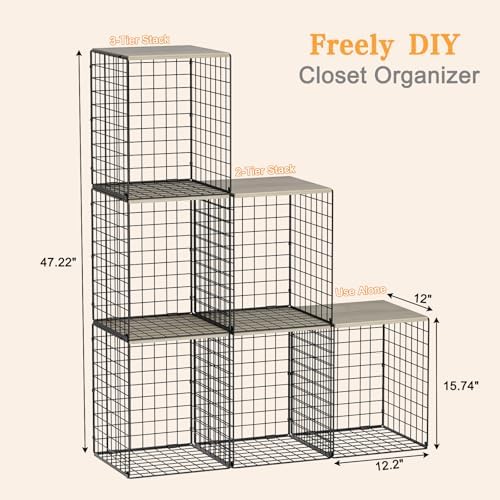 3-Pack Taller Closet Organizers and Storage with Wood Top, Stackable Wire Storage Bins for Clothes, Bags, Towels, Double Storage Design, Sturdy Metal Cube Shelf Organizer for Closet Wardrobe, Black - Image 3