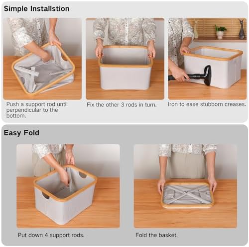 efluky Storage Baskets for Organizing, Fabric Storage Bins with Bamboo Handles, Collapsible Storage Baskets for Shelves and Closet (Black, 16.2'' x 13'' x 9.1'') - Image 4