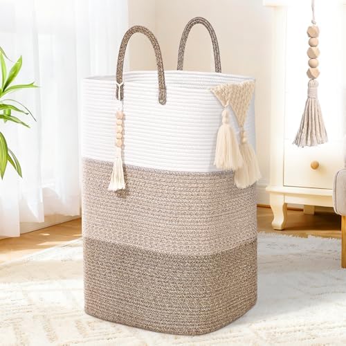 Woven Laundry Basket for Clothes,100 L Large Rectangle Laundry Hampers with Beads Tassel, Nursery Storage Basket for Toys, Tall Dirty Clothes Hamper for Bedroom Aesthetic, Laundry Room Organization by WENMER