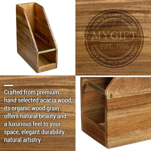 MyGift Premium Hotel Series Solid Acacia Wood Desktop Magazine File Holder Bin with Brass Tone Metal Accent, Vertical Office Desk Document Folder Binder Storage Organizer Rack - Image 3