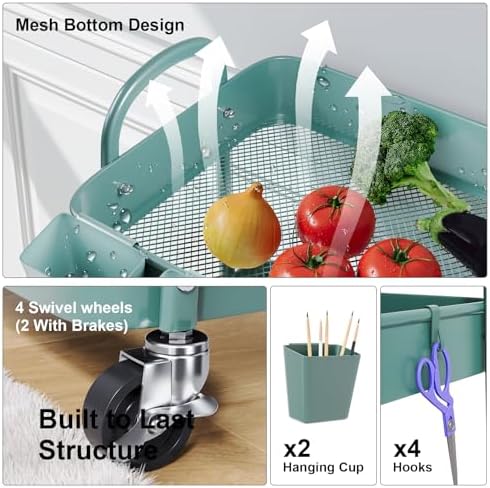 3 Tier Green Metal Rolling Cart with Lockable Wheels, 3 Tiered Roller Shelf - Image 5