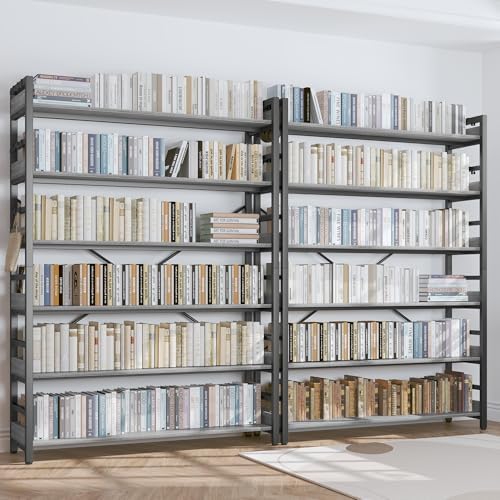 HCHQHS Bookshelf, Adjustable Industrial Bookcase, Vertical Tall Book Shelf, Wood and Black Metal Open Bookshelves for Home Office, Living Room, Bedroom (Grey, 6-Tier (47" W x 70" H)) - Image 2