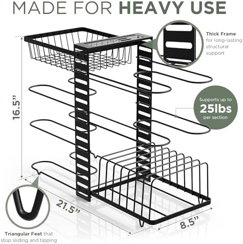 7-Tier Pots and Pans Organizer Under Cabinet - Cooking Pot Lid Organizer for Cabinet with Basket for Utensils, Lid Rack - Adjustable Vertical Holder Cookware Storage, Steel Pot Rack for Kitchen - Image 7