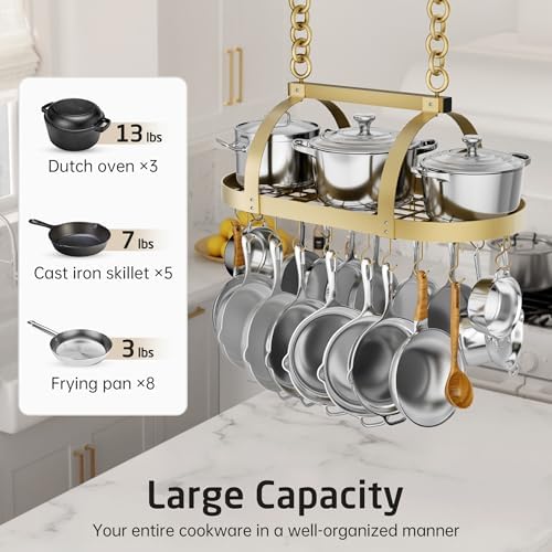 KES Gold 34 Inch Hanging Pot Rack, 100 LBS Capacity Heavy Duty Oval Pot and Pan Hanging Rack Ceiling Mount, Pot Pan Hangers Organizer for Kitchen Island with 20 Hooks (For 16" and 24" Joist) - Image 2