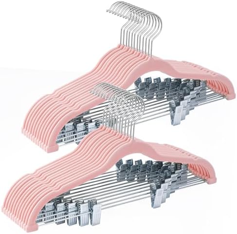 24-Pack Blush Pink Velvet Hangers with Clips Adjustable,Adult Hangers,Heavy-Duty,Felt,Non-Slip,Space Saving,Slim Outfit Hanger for Pants, Skirts, Suits,Coats, Dresses ect. by Uilmart