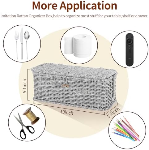 Cable Management Box, Desk Handwoven Rattan Cord Hider Cable Organizer Box With Lid Button Lock, Power Strip Cover Wicker Decorative Basket, Floor Wire Hiding Extension Cord Box (grey) - Image 6