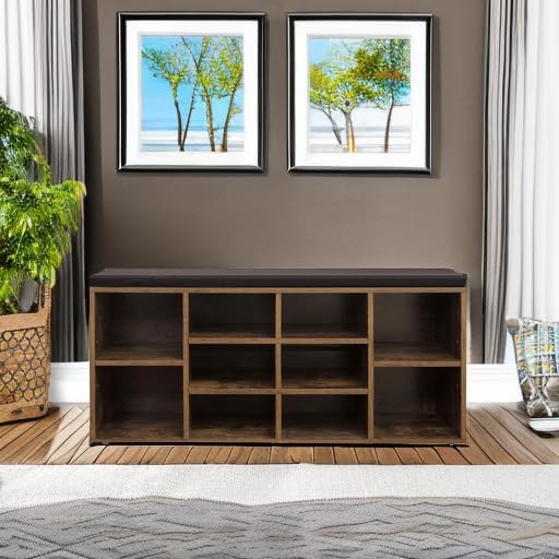 VASAGLE CUSTOS Collection - Shoe Bench, Storage Bench with Padded Seat, Entryway Bench with 10 Compartments, for Bedroom, 11.8 x 40.9 x 18.9 Inches, Rustic Brown and Chestnut Brown ULHS010X01 - Image 6