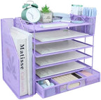 Desk Organizers and Accessories with File Holder, 6-Tier Paper Letter Tray Organiser with Drawer and 2 Pen Holder, Mesh Desktop Document Organizer for Office Supplies, Workspace - Purple by ideallife