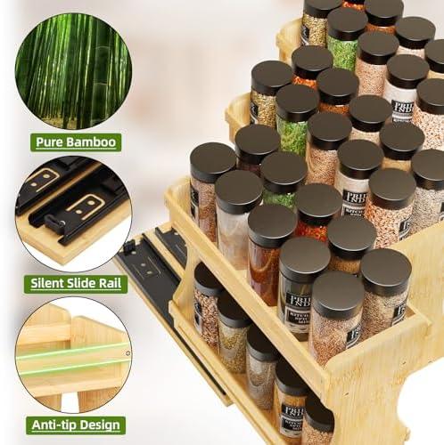 BAMEOS Pull Out Spice Rack Organizer for Cabinet, Bamboo Wide 13.9" Slide Out Seasoning Organizer for Kitchen, No Drill Anti-Tip Ball Bearing Silent Glides, Pantry Cabinet Organizer,Natural - Image 5