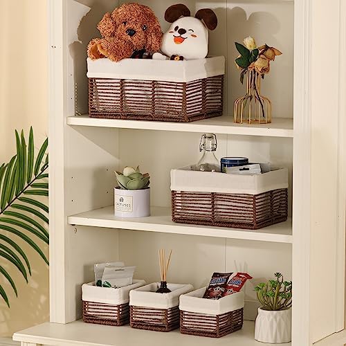 Vagusicc Wicker Storage Basket, Hand-Woven Paper Rope Woven Baskets, Rectangular Small Wicker Baskets for Organizing, Cube Storage Bins for Closet/Clothes/Dresser, Brown, 5-Pack - Image 4